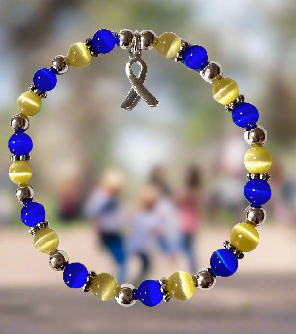 Down Syndrome Awareness Tiger Eye & Blue Lapis 925 Silver Charm Bracelet
