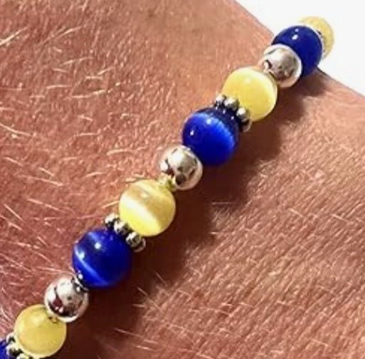 Down Syndrome Awareness Tiger Eye & Blue Lapis 925 Silver Charm Bracelet