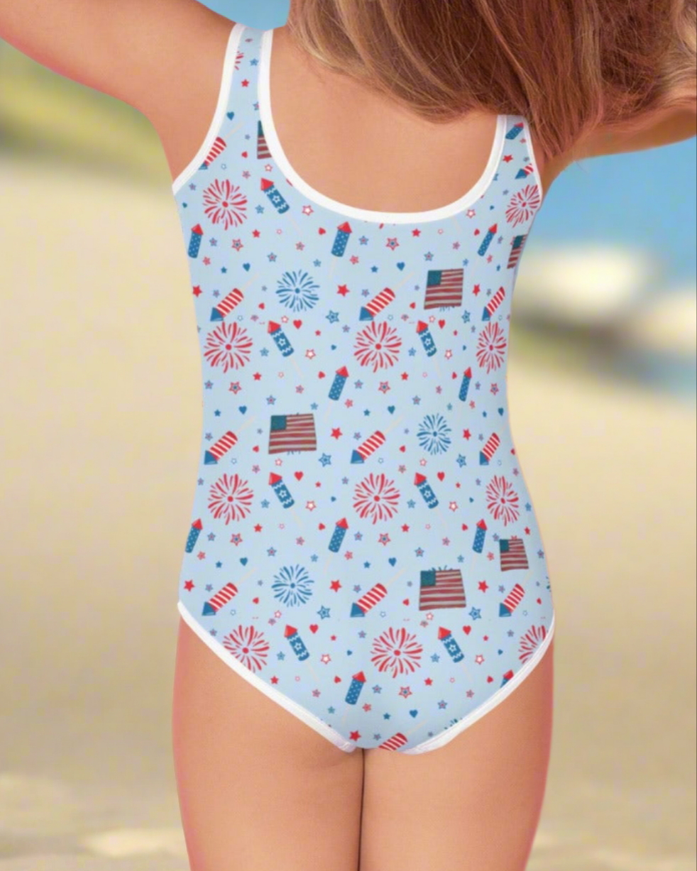 Flags & Fireworks UPF Girl's Bathing Swimsuit On the Go with Princess O