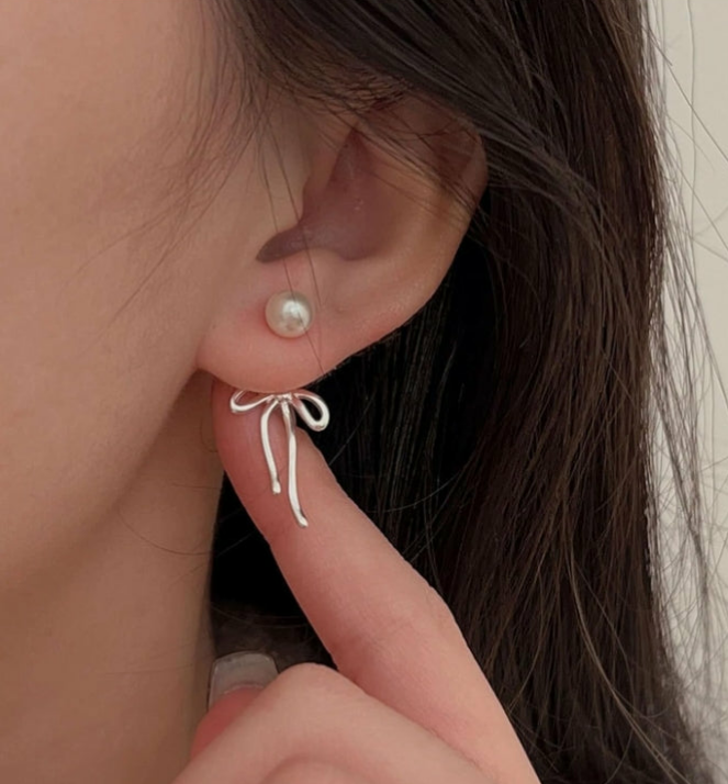 Natural Pearl & Silver Bow Earrings