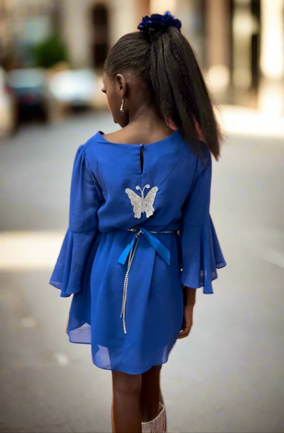 Girl's Blue Flutter Butterfly Dress (7/8) On the Go with Princess O