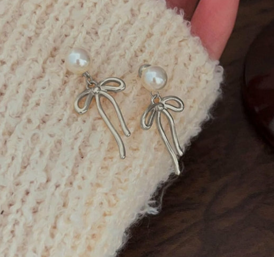Natural Pearl & Silver Bow Earrings