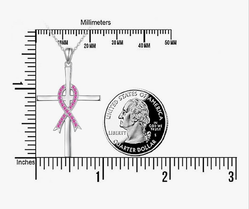 925 Silver Pink Crystal Ribbon Cross Necklace