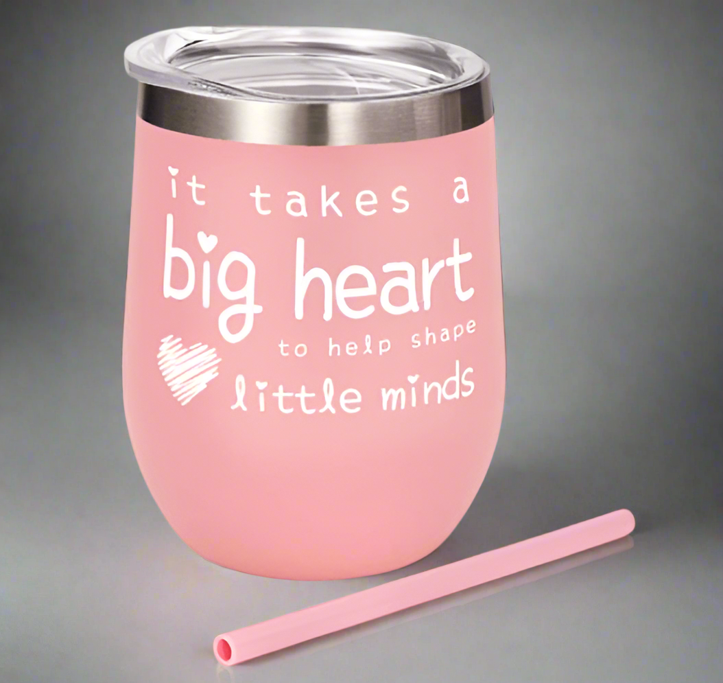It Takes a Big Heart, Teachers, Pink Drink Tumbler with Straw - On the Go with Princess O