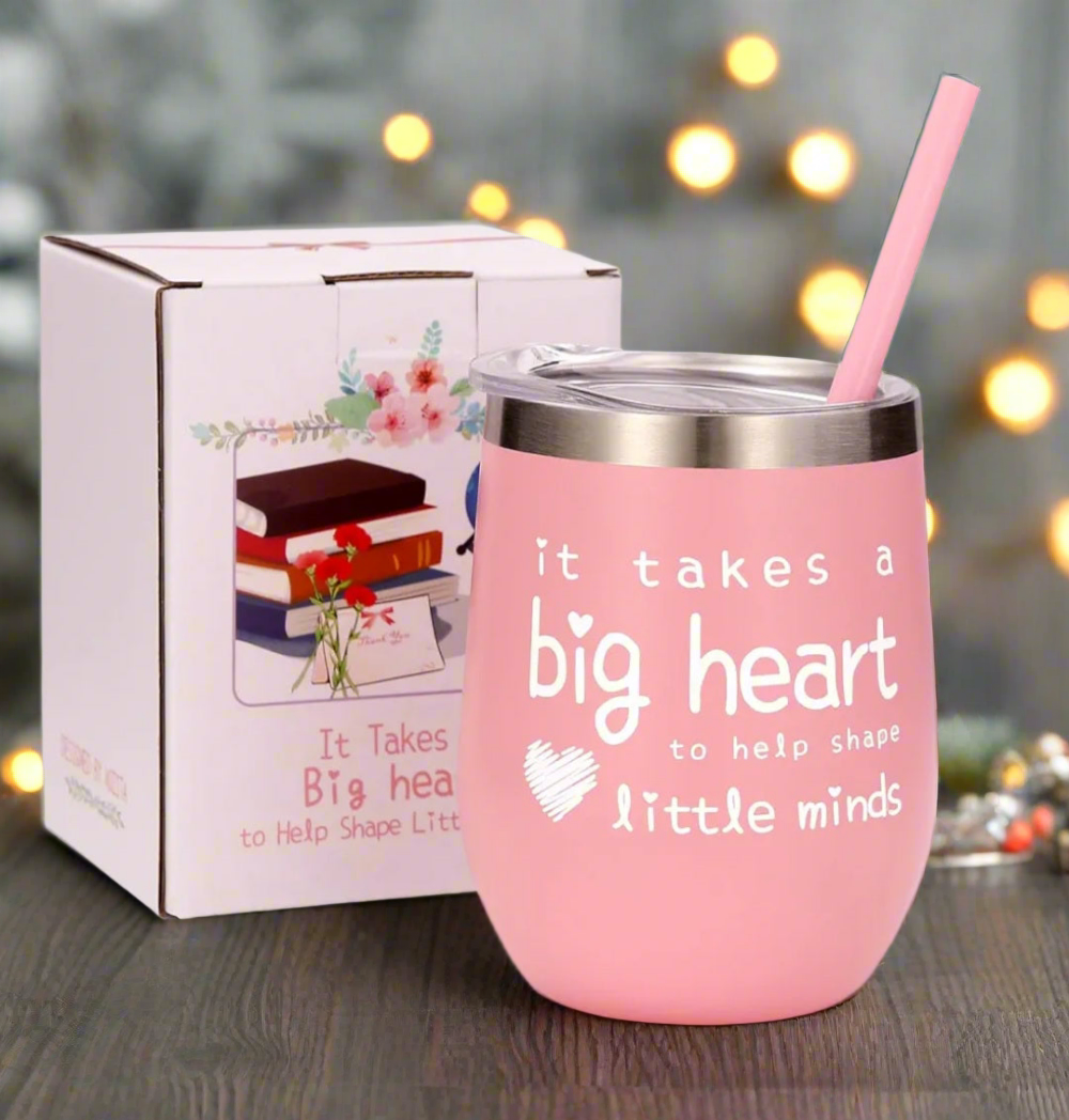 It Takes a Big Heart, Teachers, Pink Drink Tumbler with Straw - On the Go with Princess O