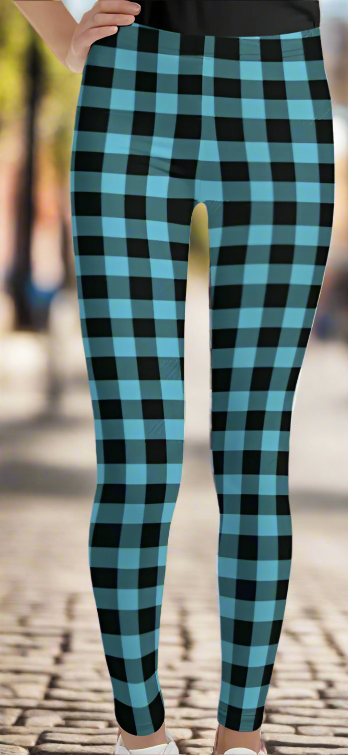Teal Plaid Girls Juniors Leggings