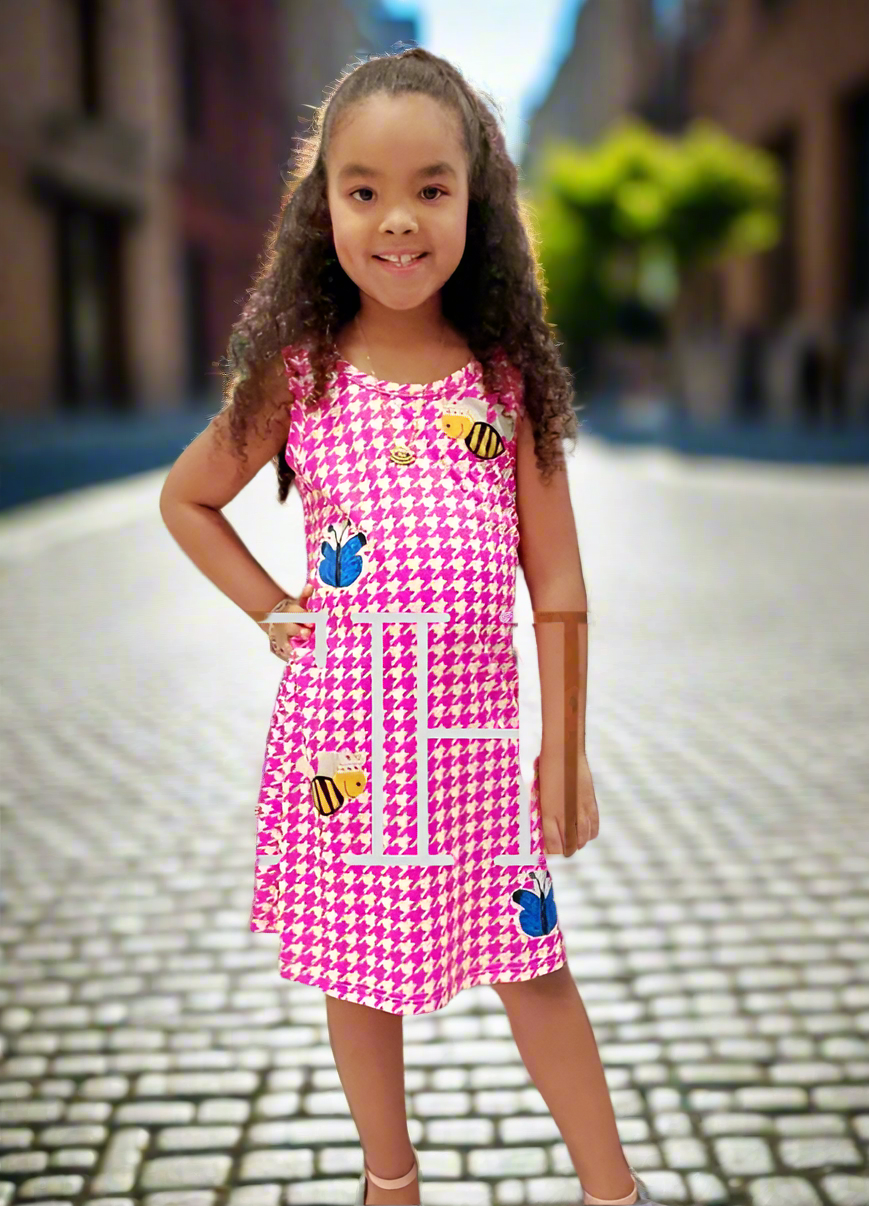 Bees & Butterflies Pink Houndstooth Sundress Girls - On the Go with Princess O