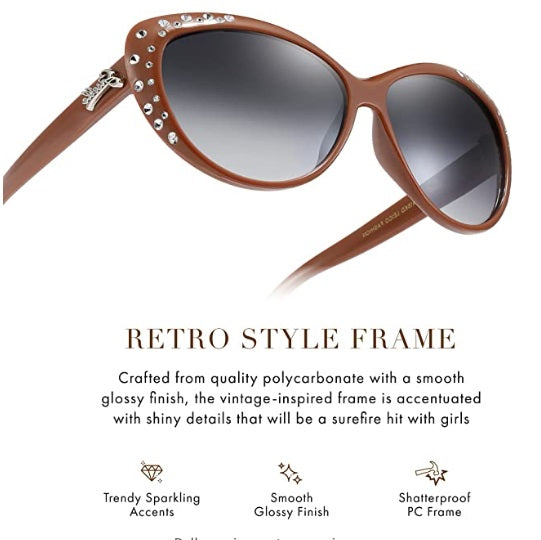Glam Retro Caramel Cat Eye Rhinestone Youth Sunglasses - On the Go with Princess O