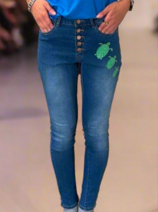 Sea Turtle Button fly Stretchy Jeans Juniors Womens
