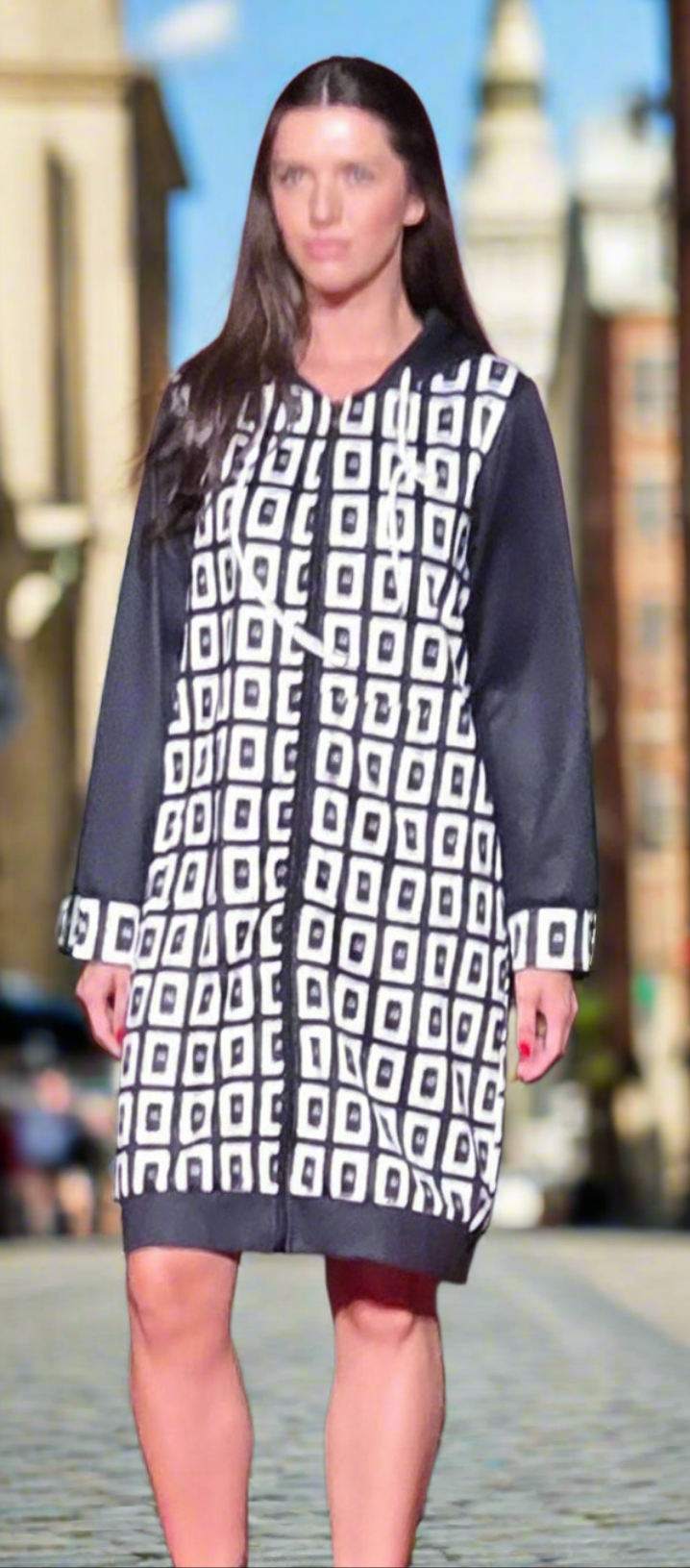 Women's Black and White Long Zip Up Hoodie - On the Go with Princess O