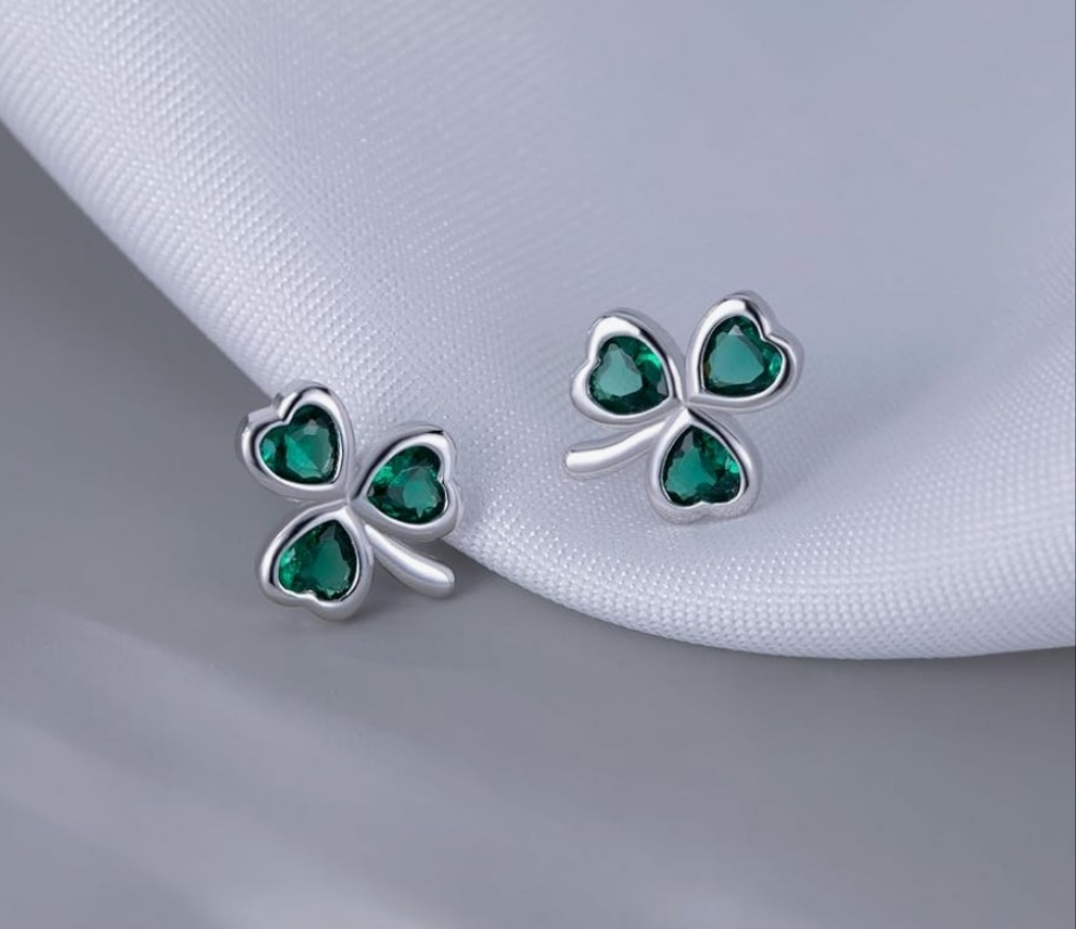 Sterling Silver 925 Emerald Shamrock Earrings Studs