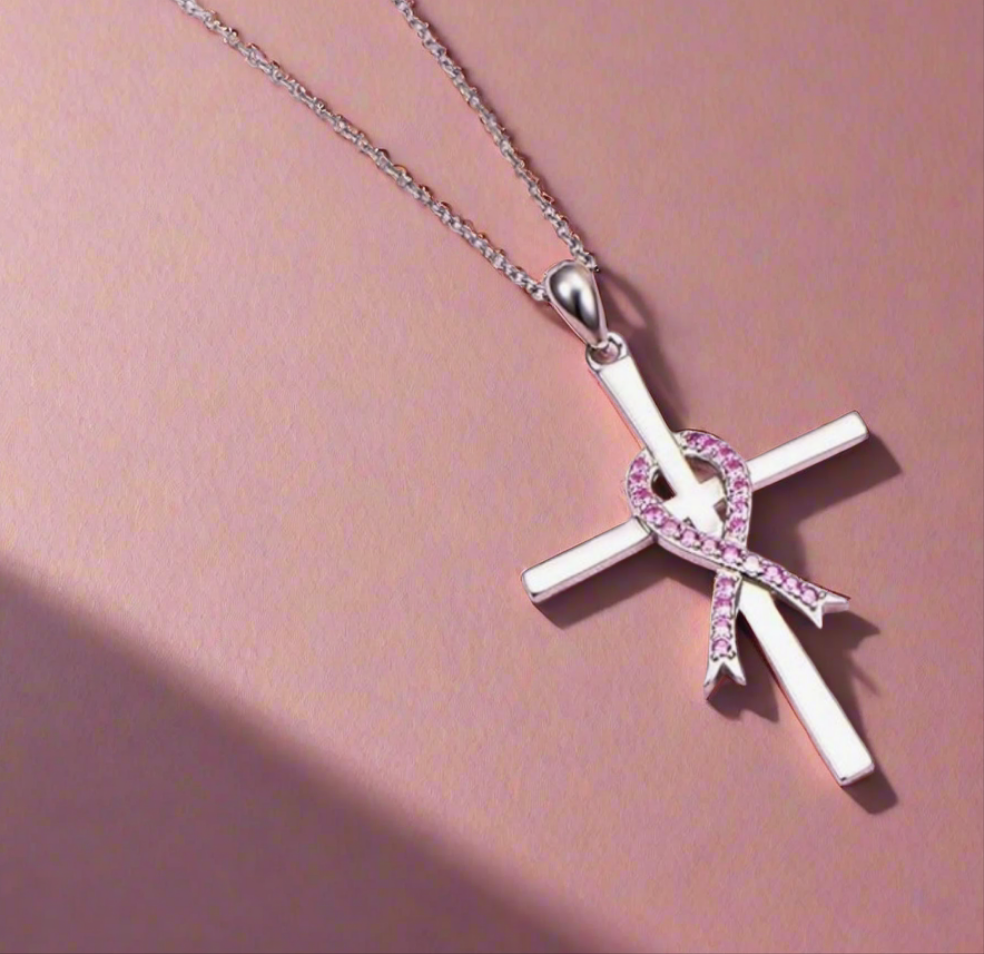 925 Silver Pink Crystal Ribbon Cross Necklace