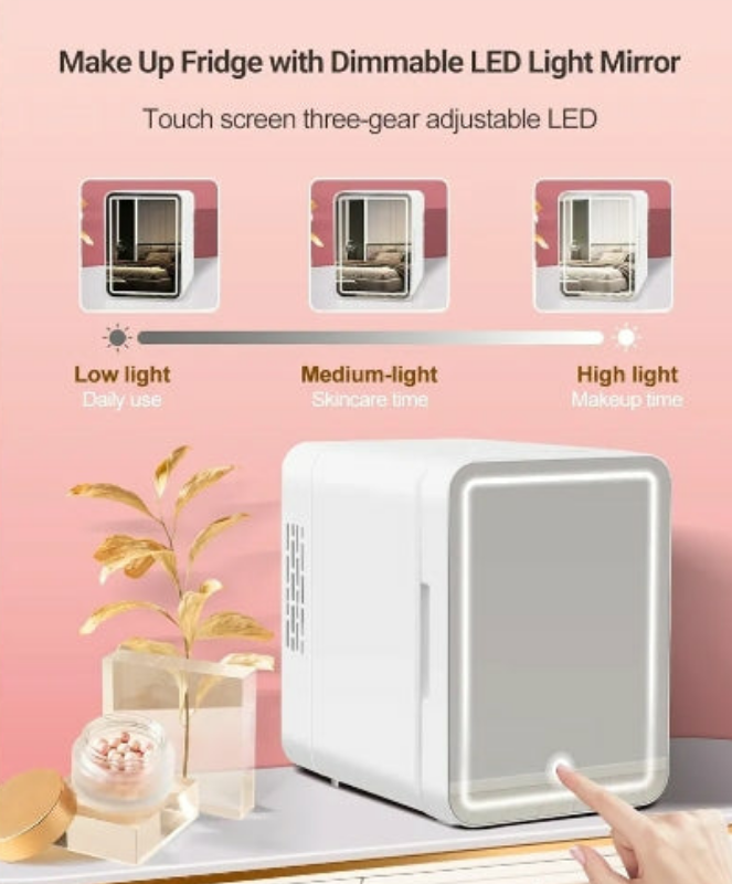 Portable Mini Travel Fridge with Dimmable LED Mirror