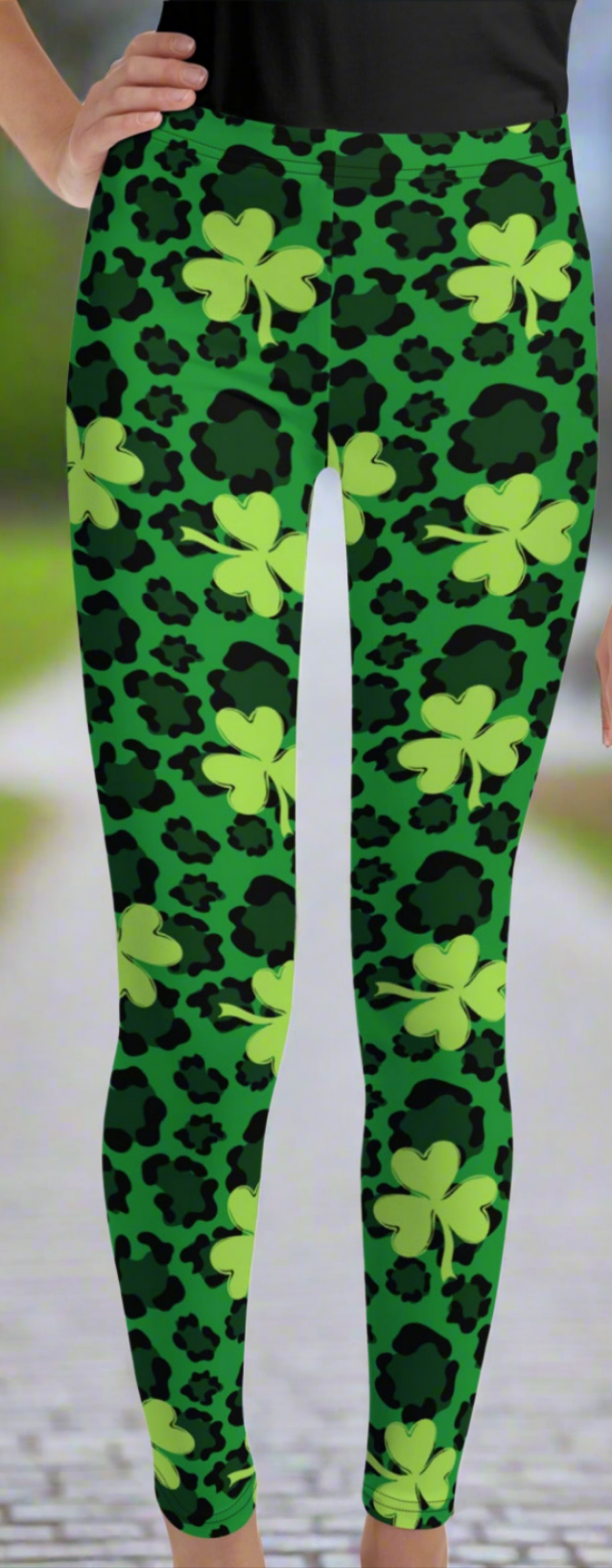 Green Shamrock Leopard Girls Juniors Leggings