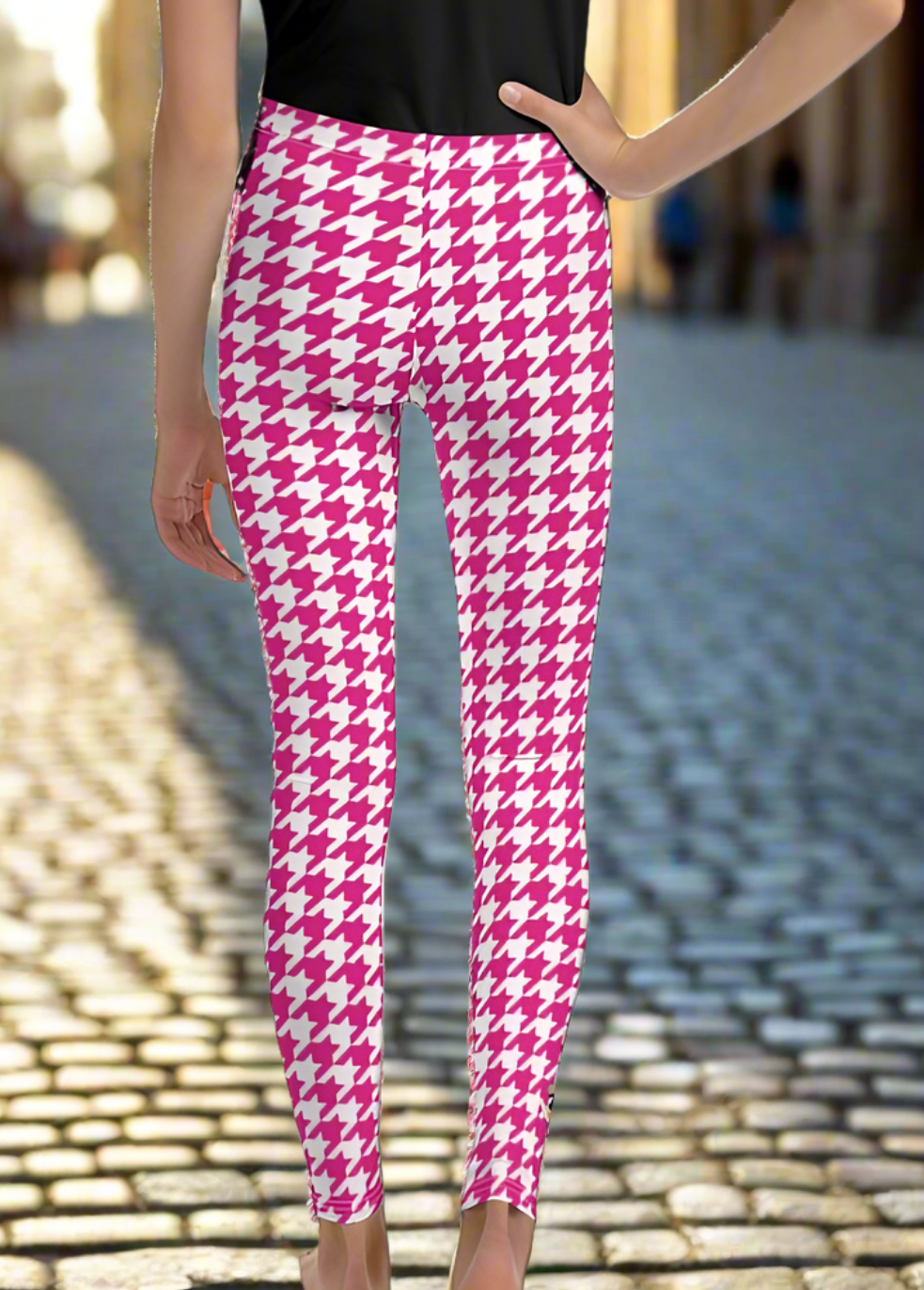 Queen Bee Pink Houndstooth Girls Juniors Leggings