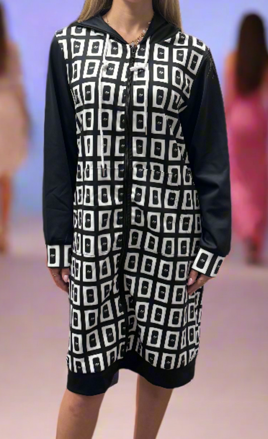 Women's Black and White Long Zip Up Hoodie On the Go with Princess O