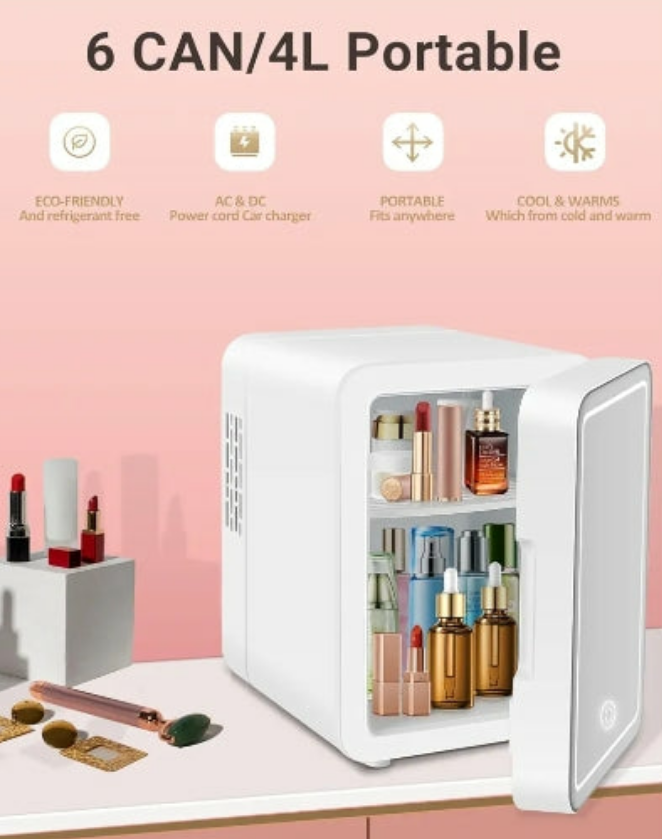 Portable Mini Travel Fridge with Dimmable LED Mirror