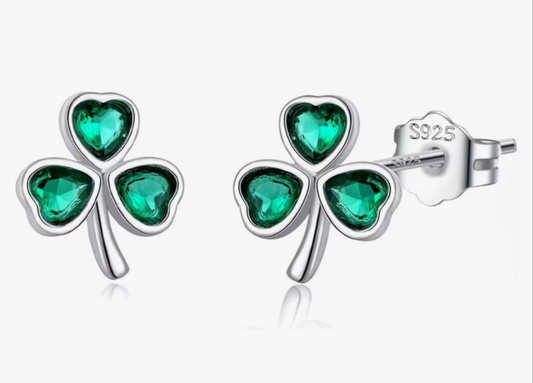 Sterling Silver 925 Emerald Shamrock Earrings Studs