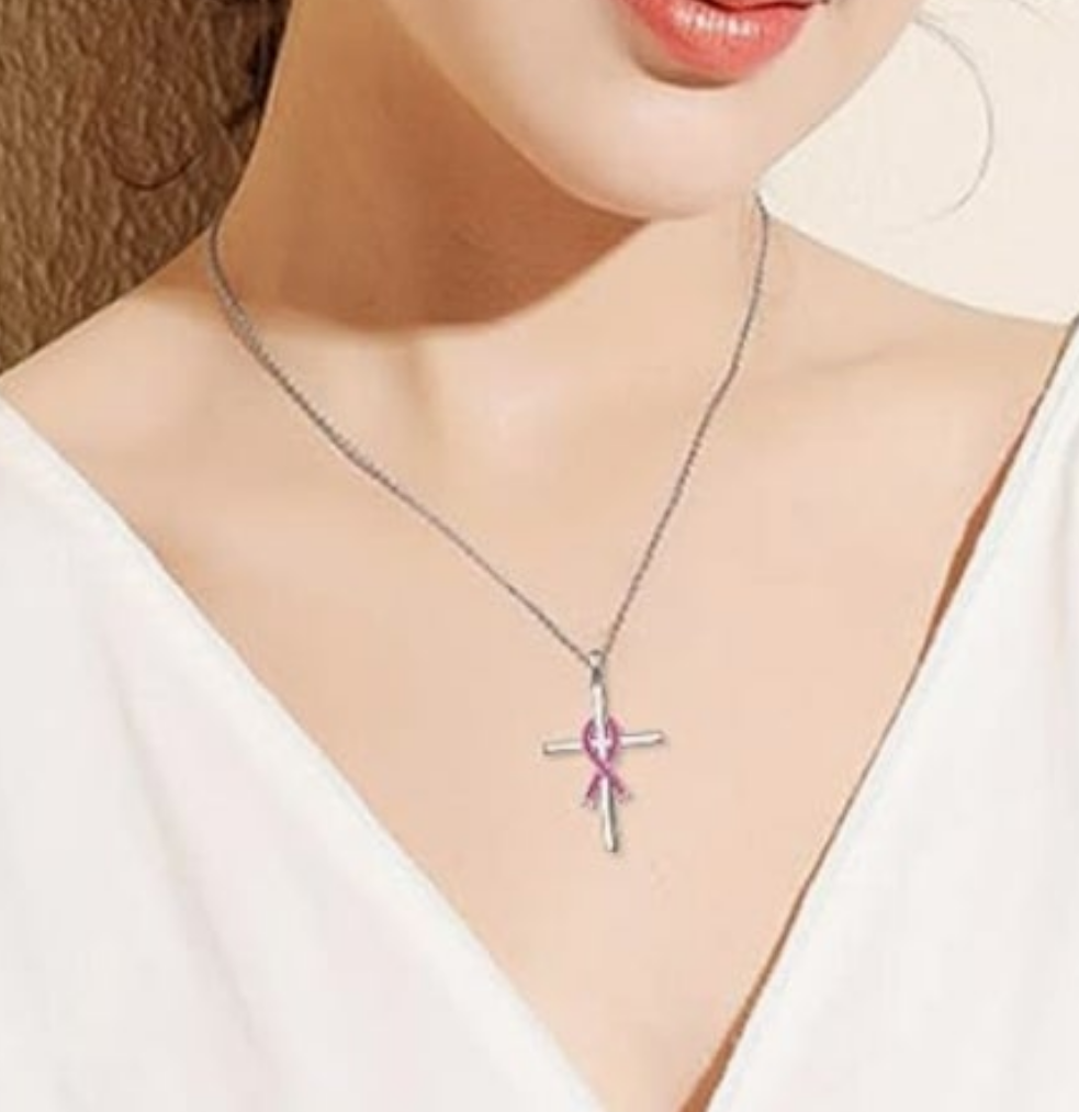 925 Silver Pink Crystal Ribbon Cross Necklace