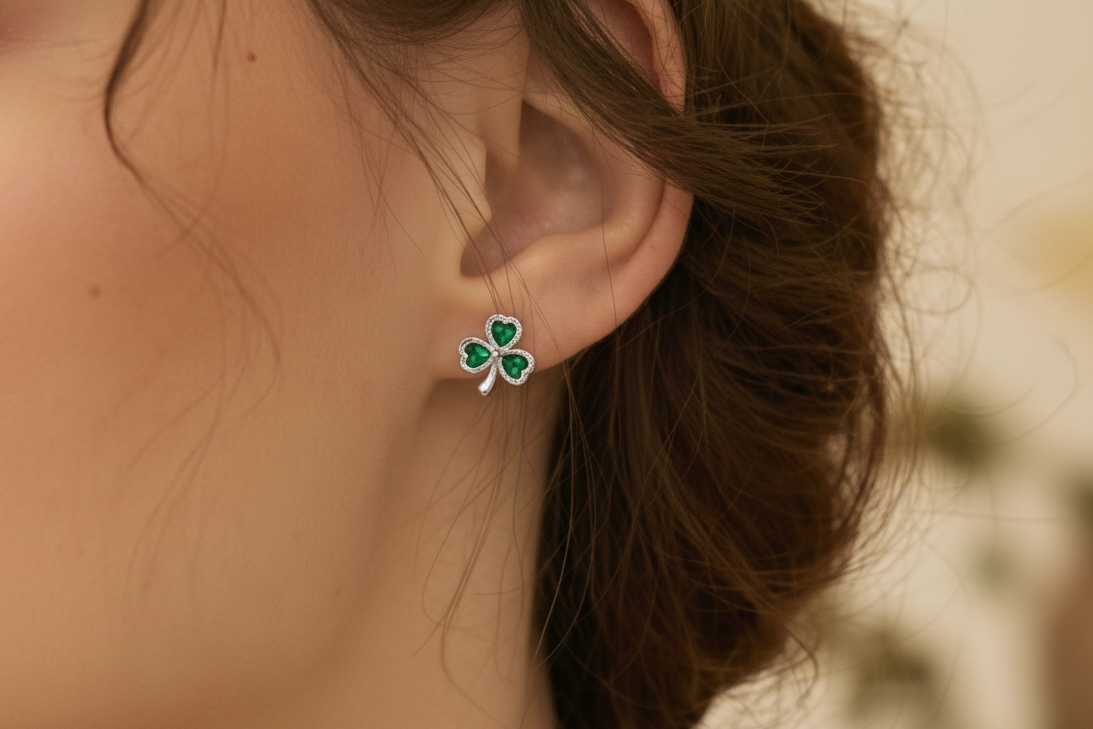 Sterling Silver Emerald Shamrock .925 Stud Earrings On the Go with Princess O