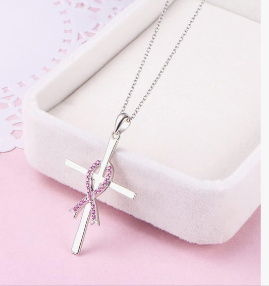 925 Silver Pink Crystal Ribbon Cross Necklace