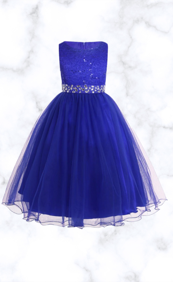 Navy Blue Sequin Rhinestones & Lace Evening Gown