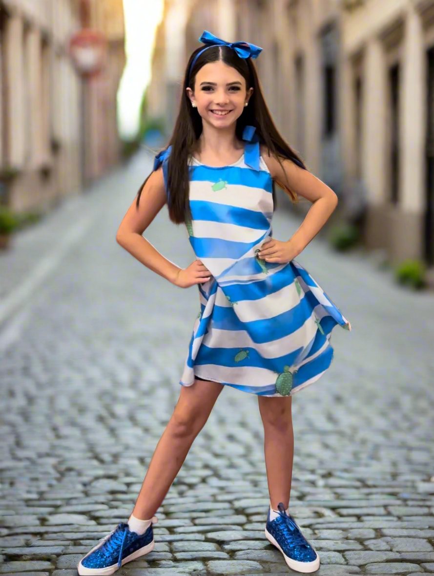 Blue Striped Turtle Tie Up Dress Girls Juniors