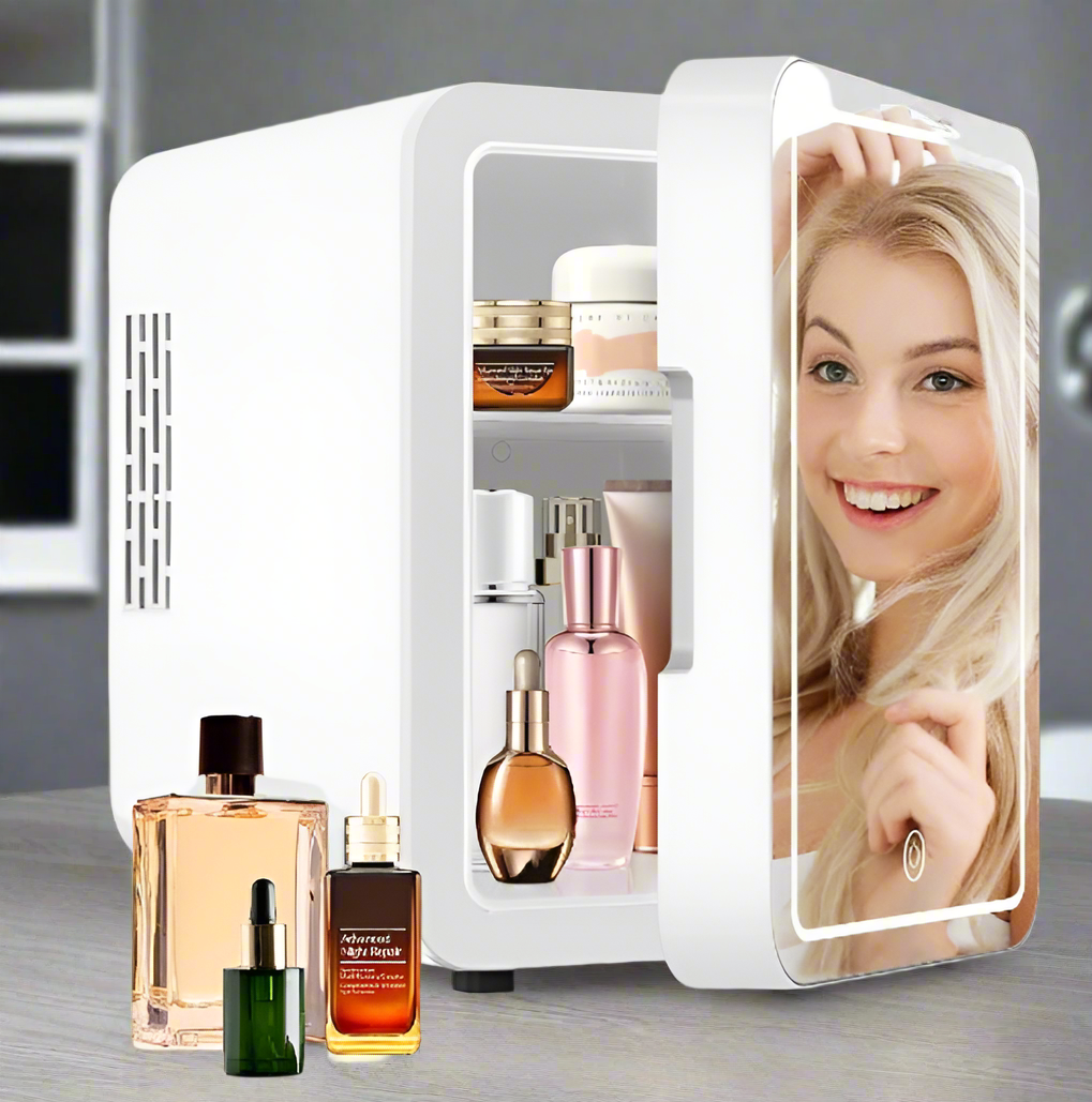 Portable Mini Travel Fridge with Dimmable LED Mirror