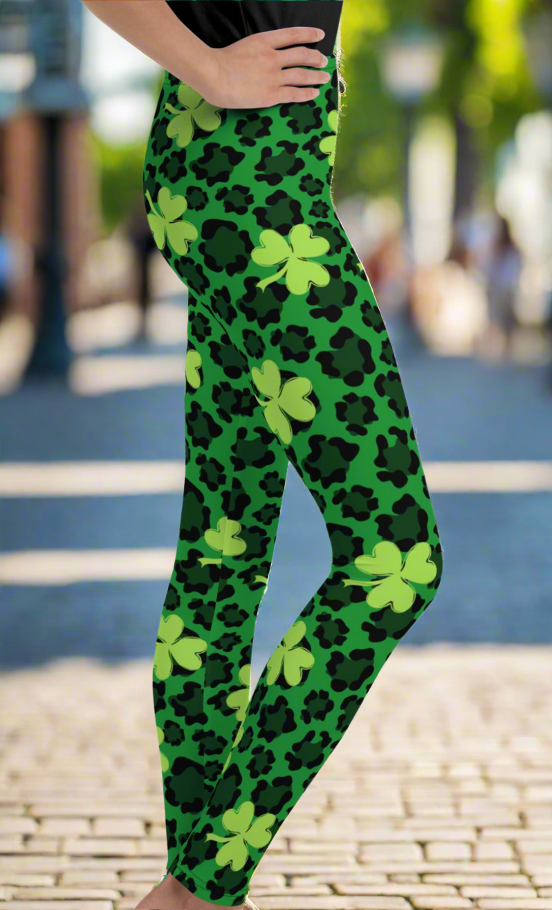 Green Shamrock Leopard Girls Juniors Leggings