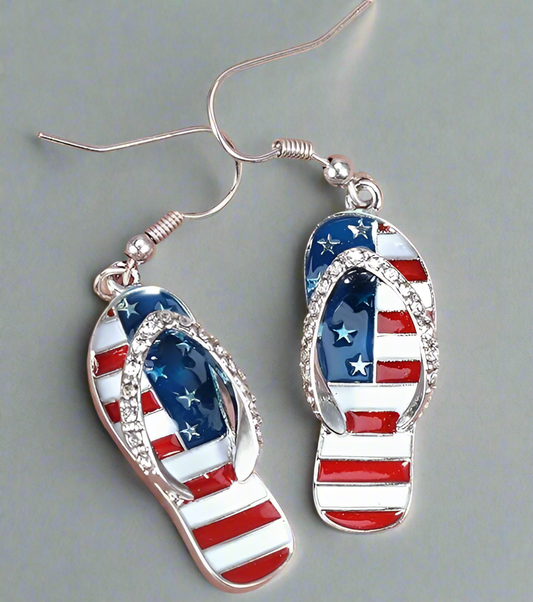 Flag Flip Flop Sandals with Rhinestone Earrings