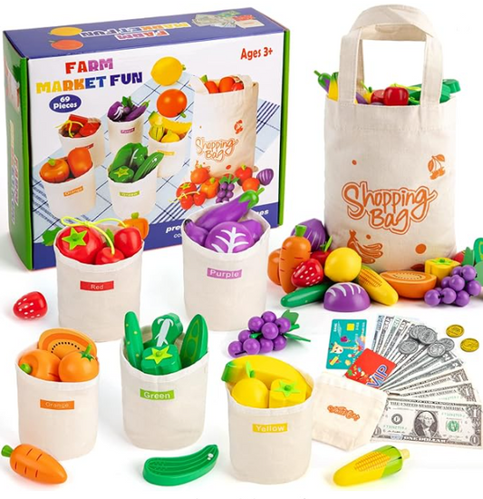 Wooden Farmers Market Color Sorting Play Food Shopping Set