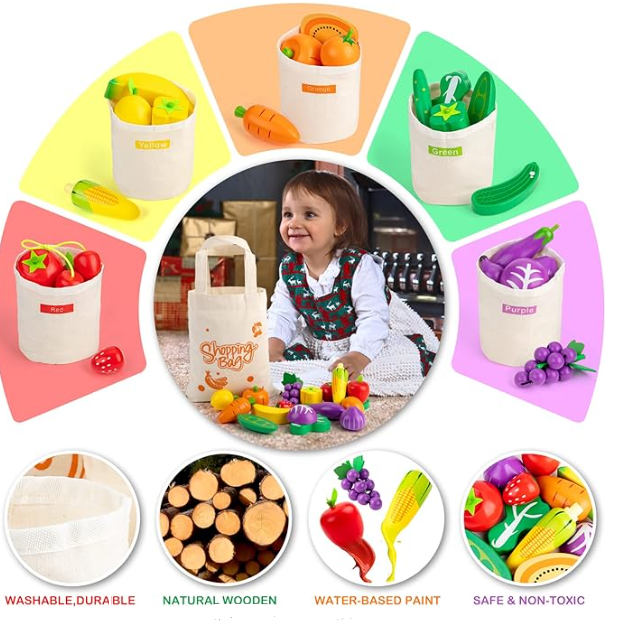 Wooden Farmers Market Color Sorting Play Food Shopping Set