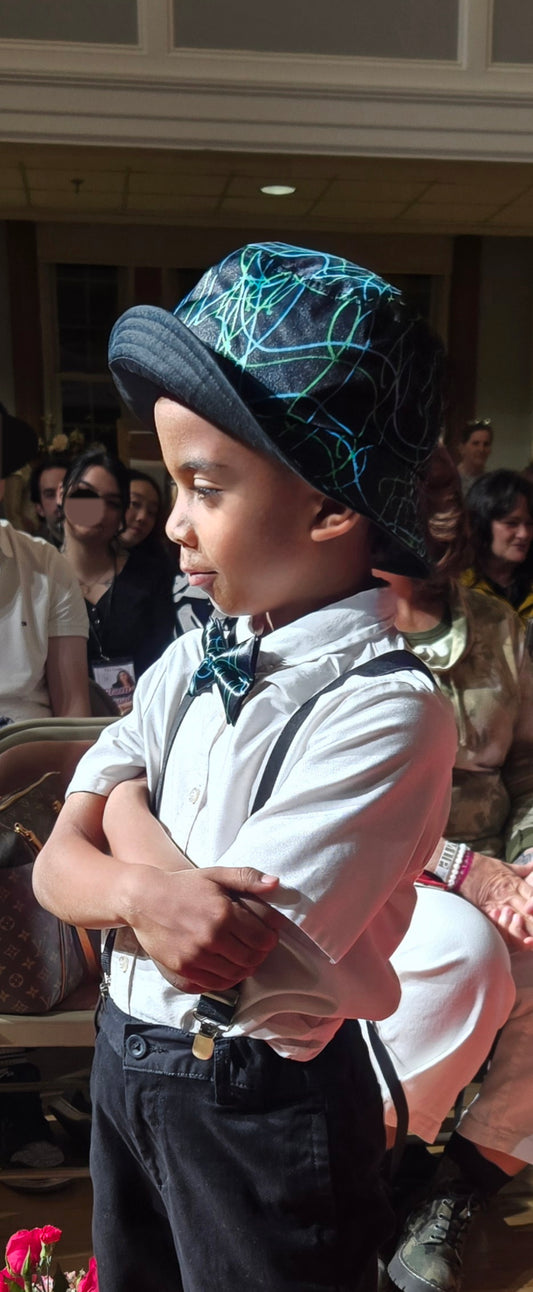 Squiggly Black Bucket Hat & Bow Tie