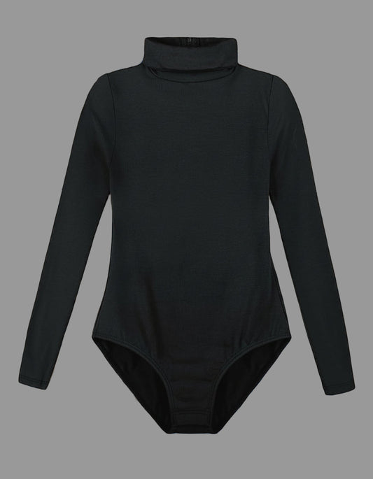 Girl's Basic Turtleneck Long Sleeve Leotard with Durable Snaps, Front Lining, Zipper Back
